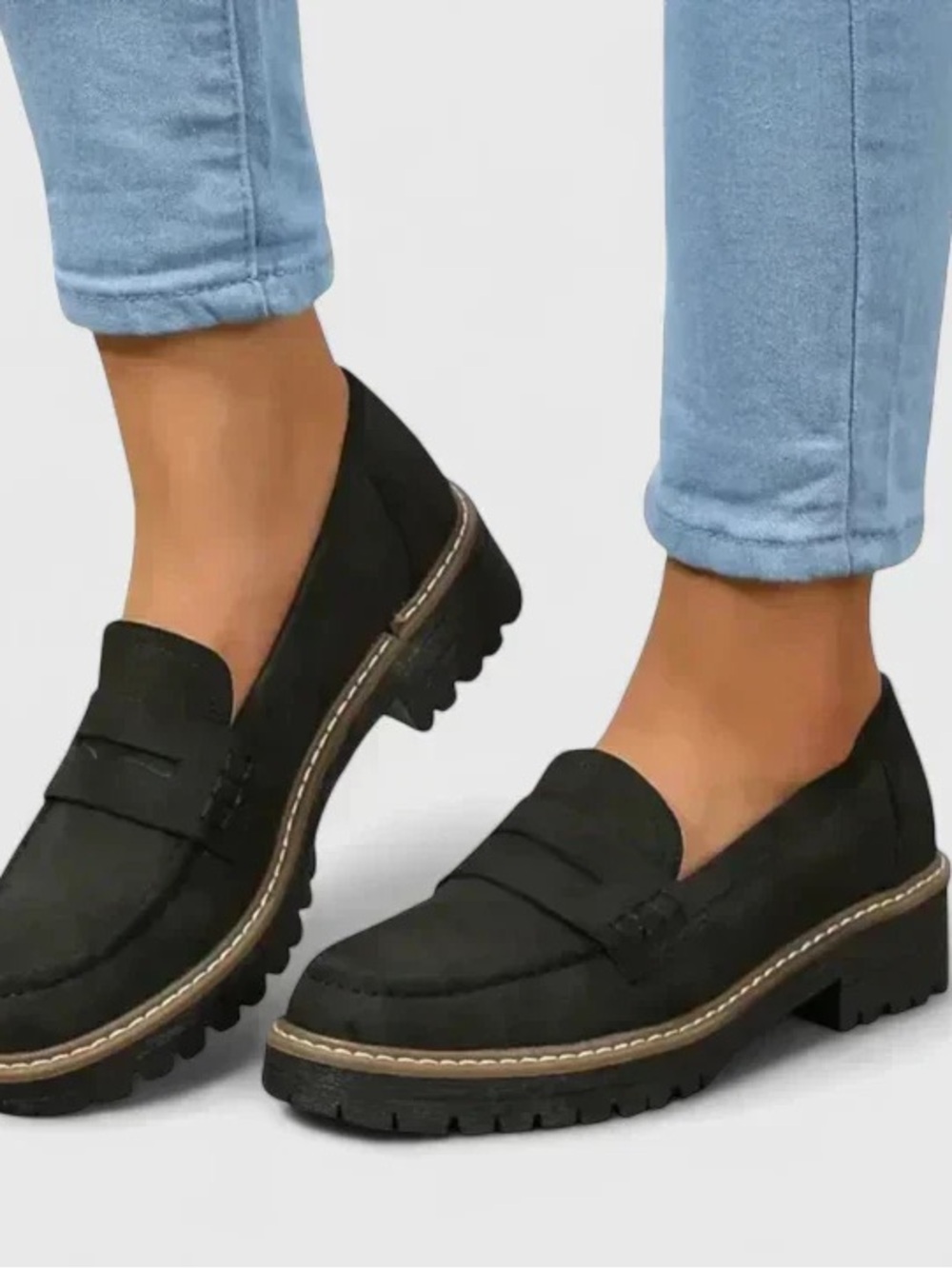 Black Lug-Sole Penny Loafers for Women